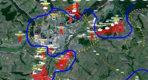 Расположение украинских и пророссийских сил под Славянском на 4-е июля 2014. ( Для увеличения кликнуть). Рисунок с сайта http://www.politnavigator.net/
