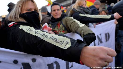 Участники демонстрации Pegida в Кельне с надписями "расстояние вытянутой руки" Фото dw.de